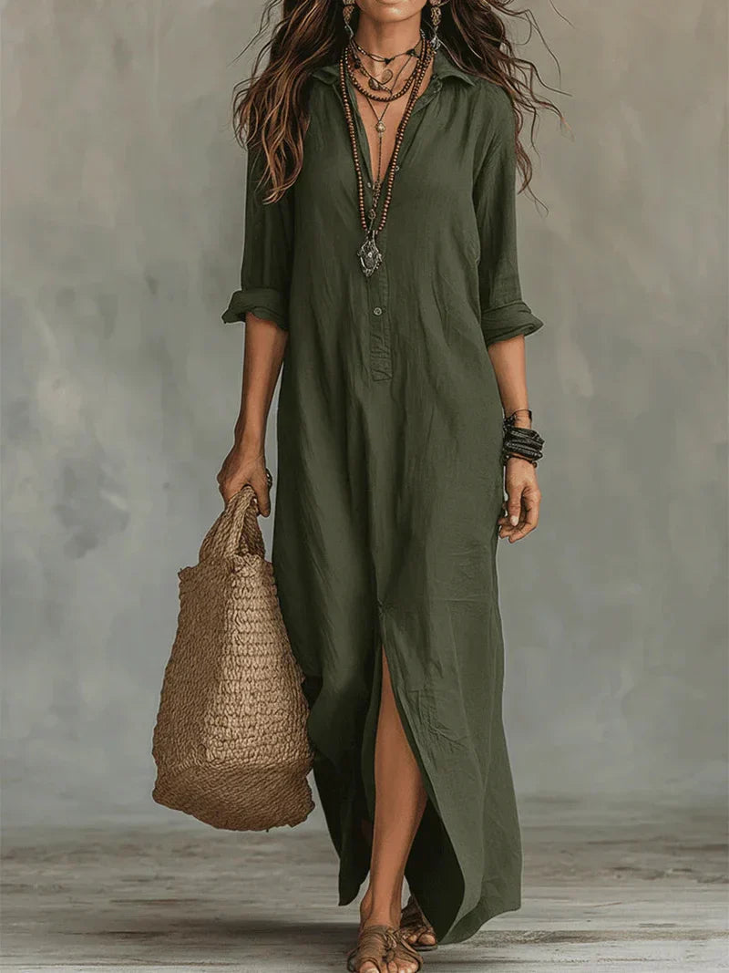 Vestido Largo Camisero de Lino y Viscosa