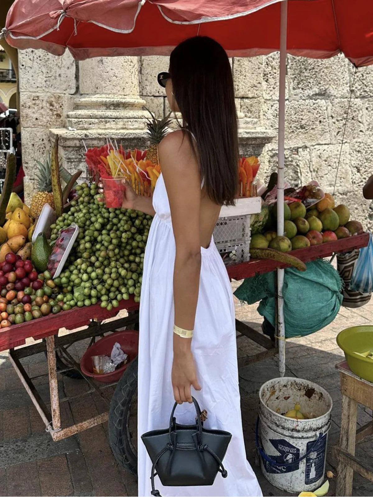 Vestido largo de espalda abierta estilo vaquero costero