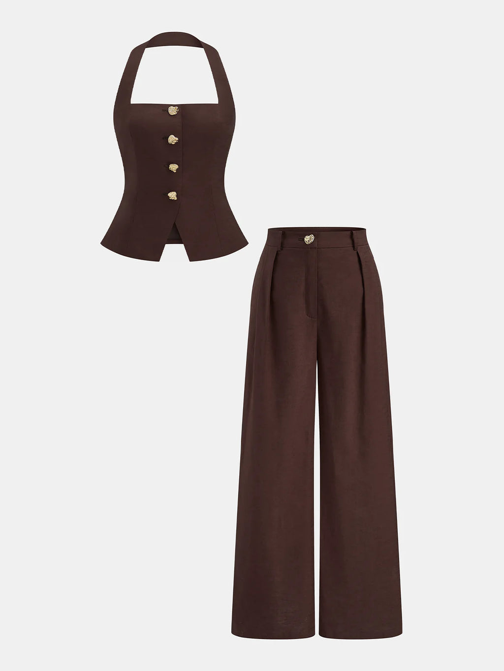 Conjunto de pantalón y top halter abotonado en mezcla de lino y algodón