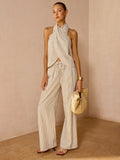 Set Casual de Verano: Top Cuello Halter Sin Mangas y Pantalón Largo a Rayas