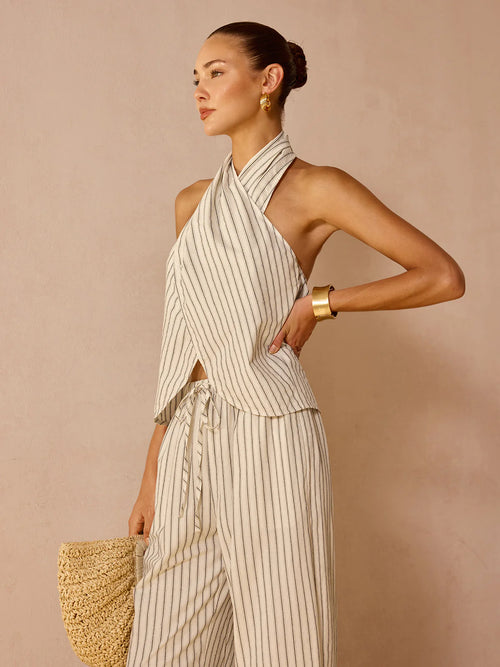 Set Casual de Verano: Top Cuello Halter Sin Mangas y Pantalón Largo a Rayas