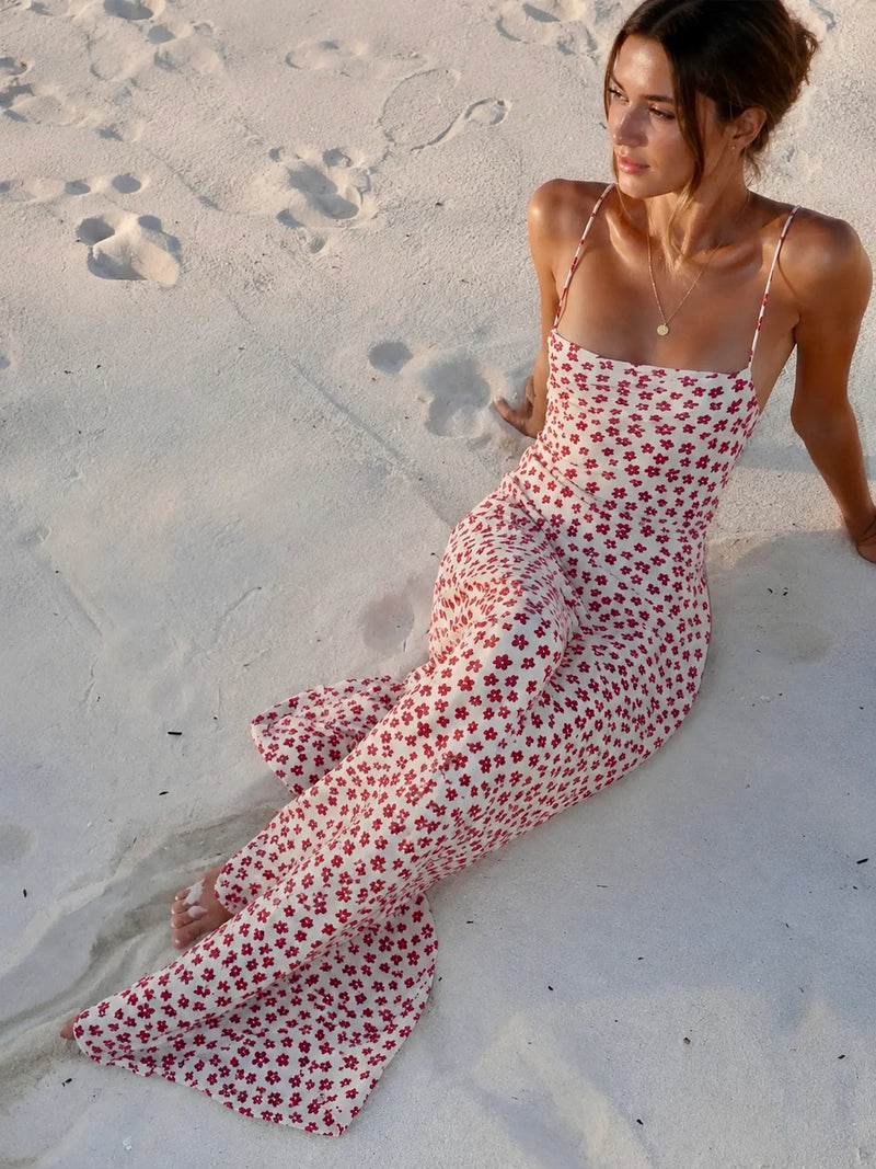 Vestido largo fluido de tirantes cruzados con estampado floral