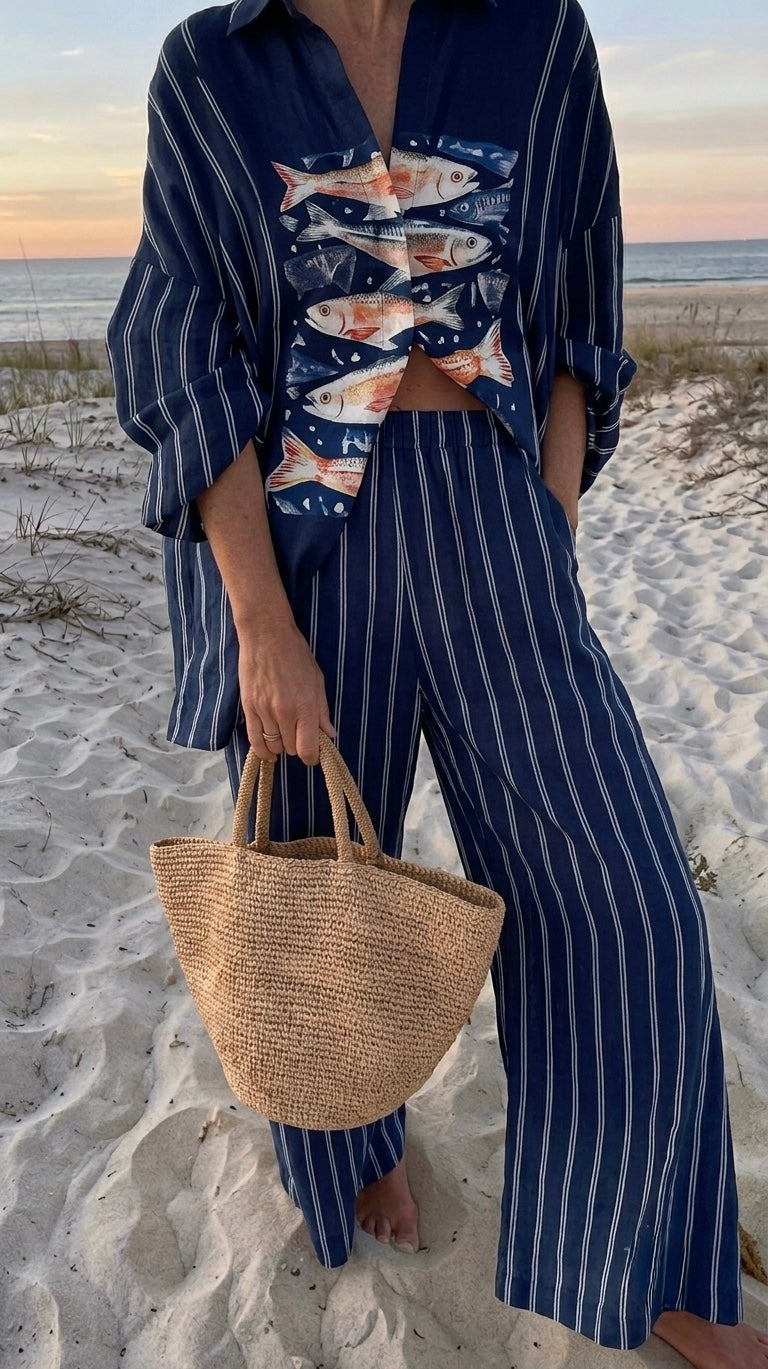 Conjunto Dos Piezas Estampado: Camisa y Pantalón Fluido