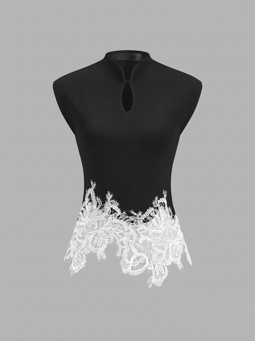 Top de punto con cuello halter y bajo de encaje asimétrico