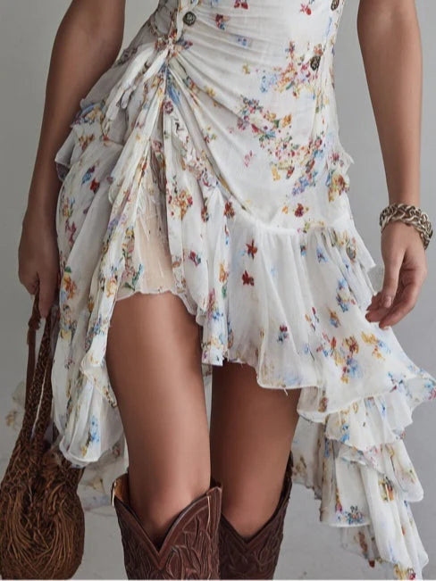 Vestido mini retro de flores con cuello en V y tirantes finos