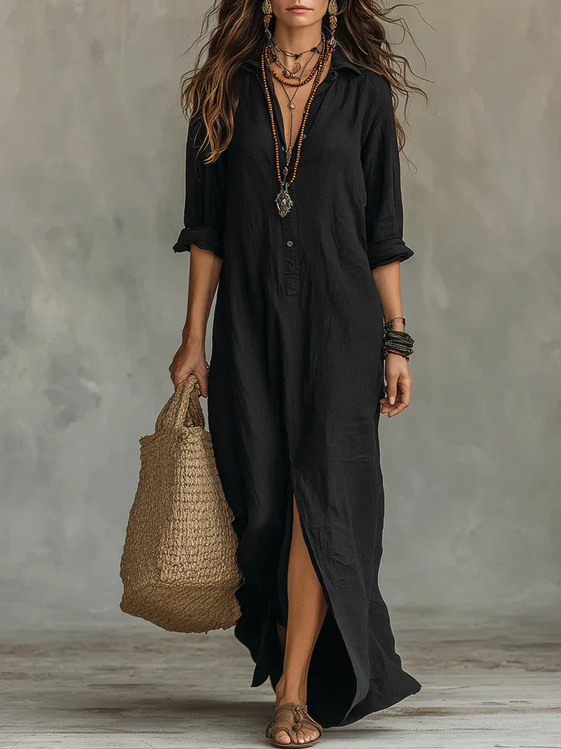 Vestido Largo Camisero de Lino y Viscosa