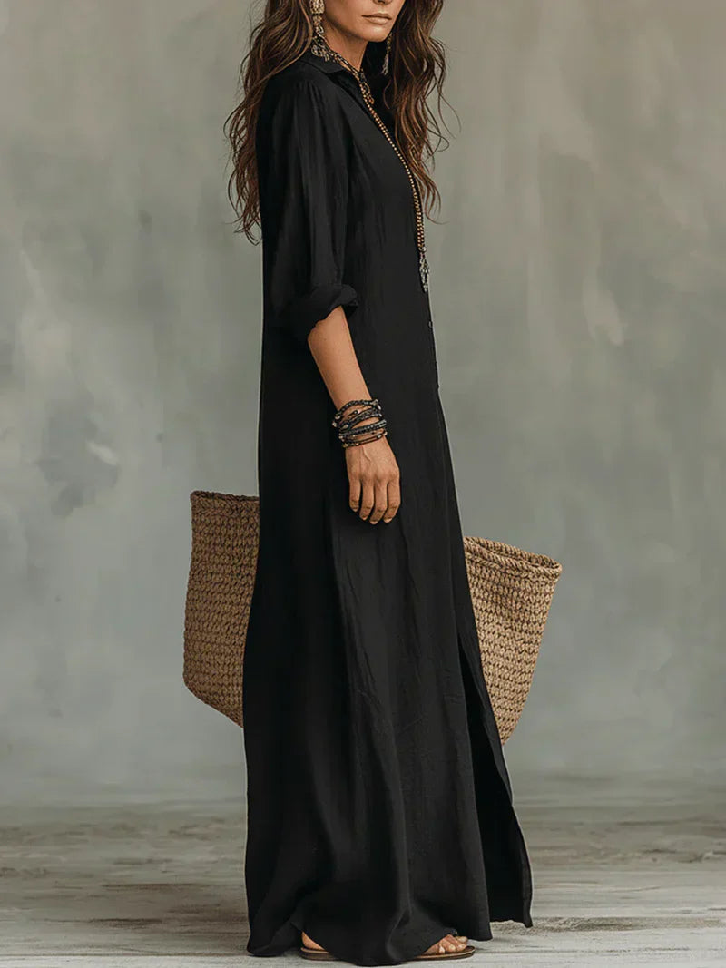 Vestido Largo Camisero de Lino y Viscosa